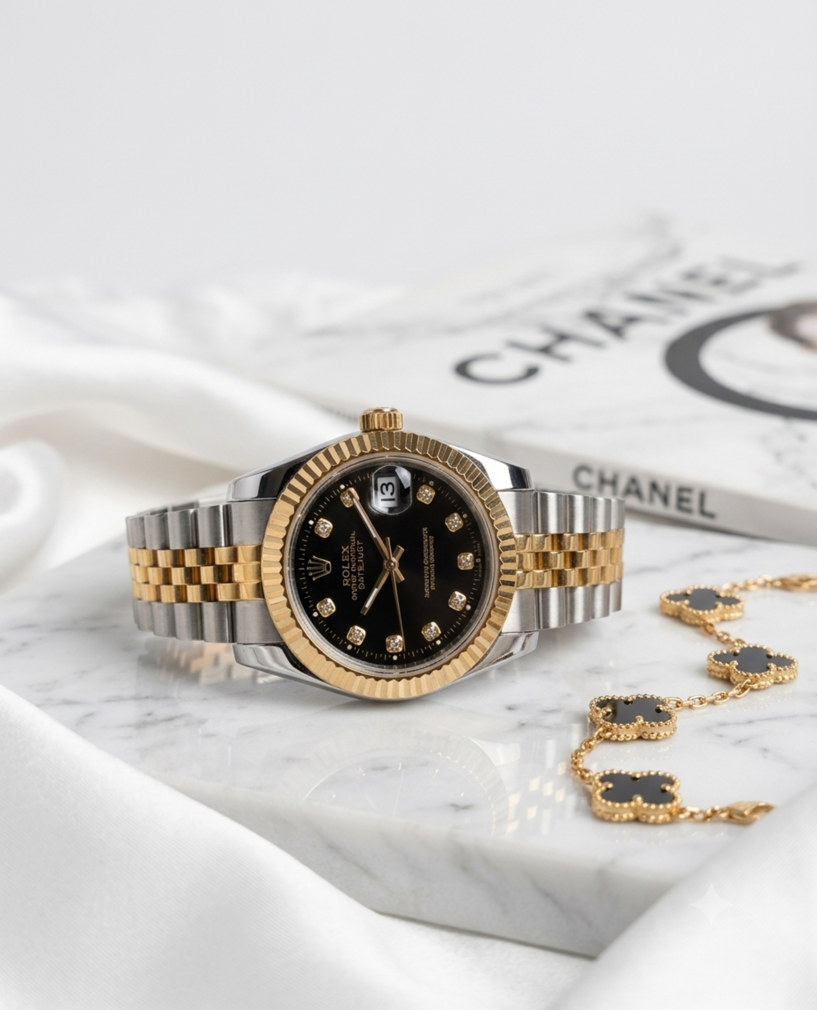 ساعت زنانه صفحه مشکی برند rolex geneve موتورژاپنی با کارت ضمانت ۱۲ماهه تصویر دوم ارسال رایگان