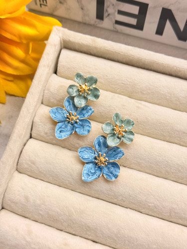 گوشواره میناکاری گل ۲تایی برجسته آبی