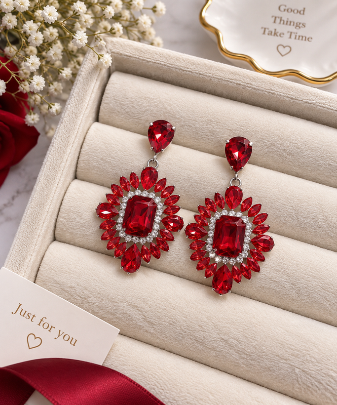 گوشواره جواهری نگین مستطیل قرمز نگیندار عروس