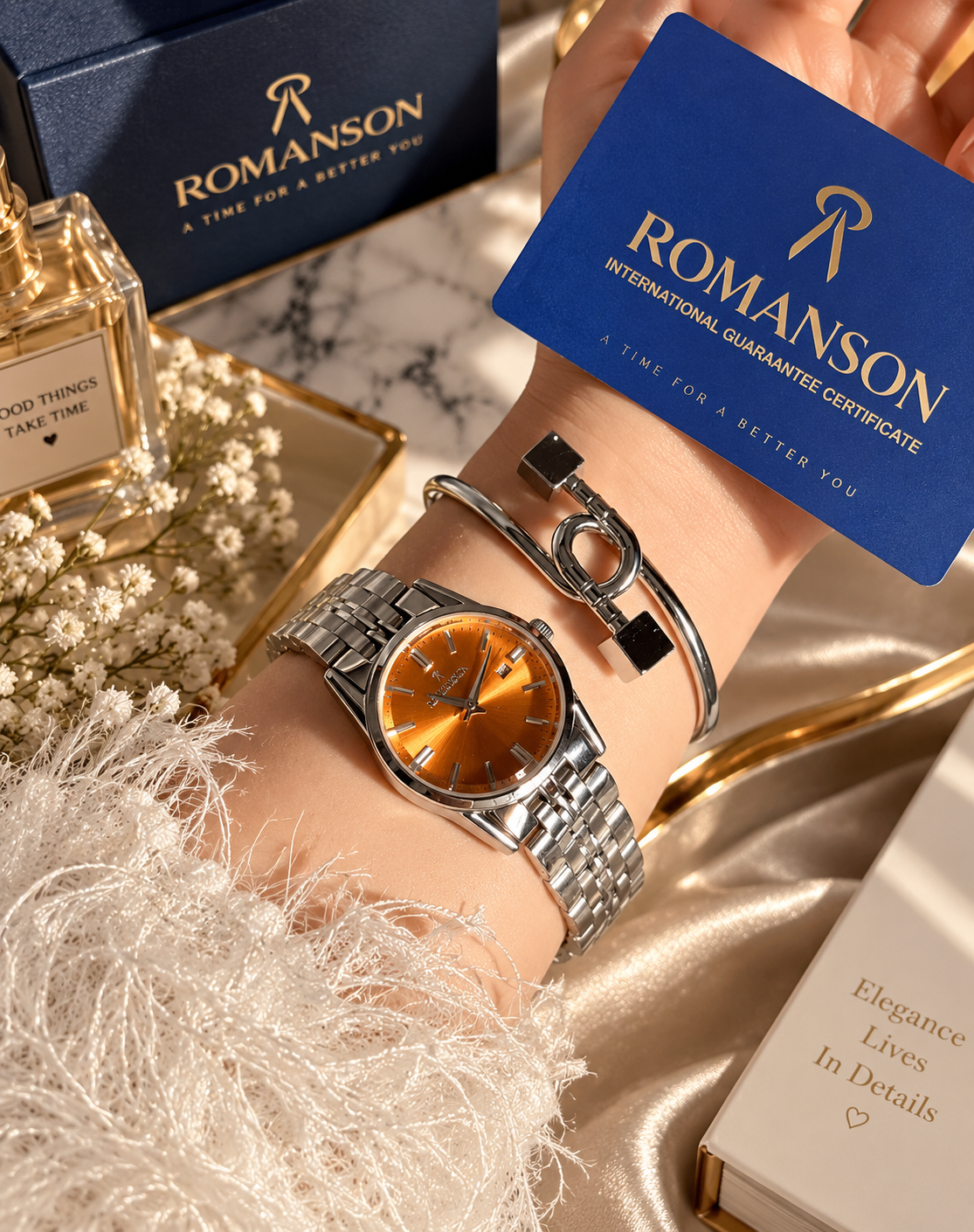 ساعت زنانه صفحه نارنجی برند ROMANSON موتورژاپنی با کارت ضمانت ۱۲ماهه ارسال رایگان
