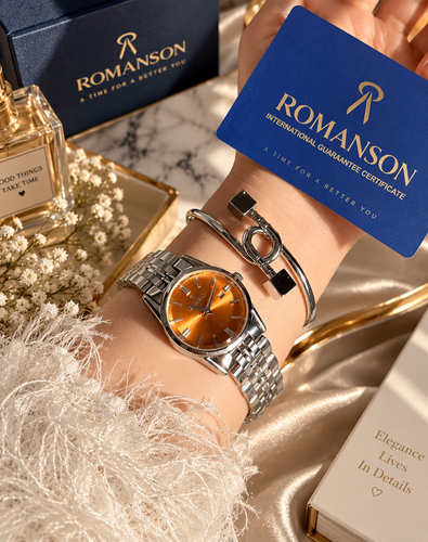ساعت زنانه صفحه نارنجی برند ROMANSON موتورژاپنی با کارت ضمانت ۱۲ماهه ارسال رایگان