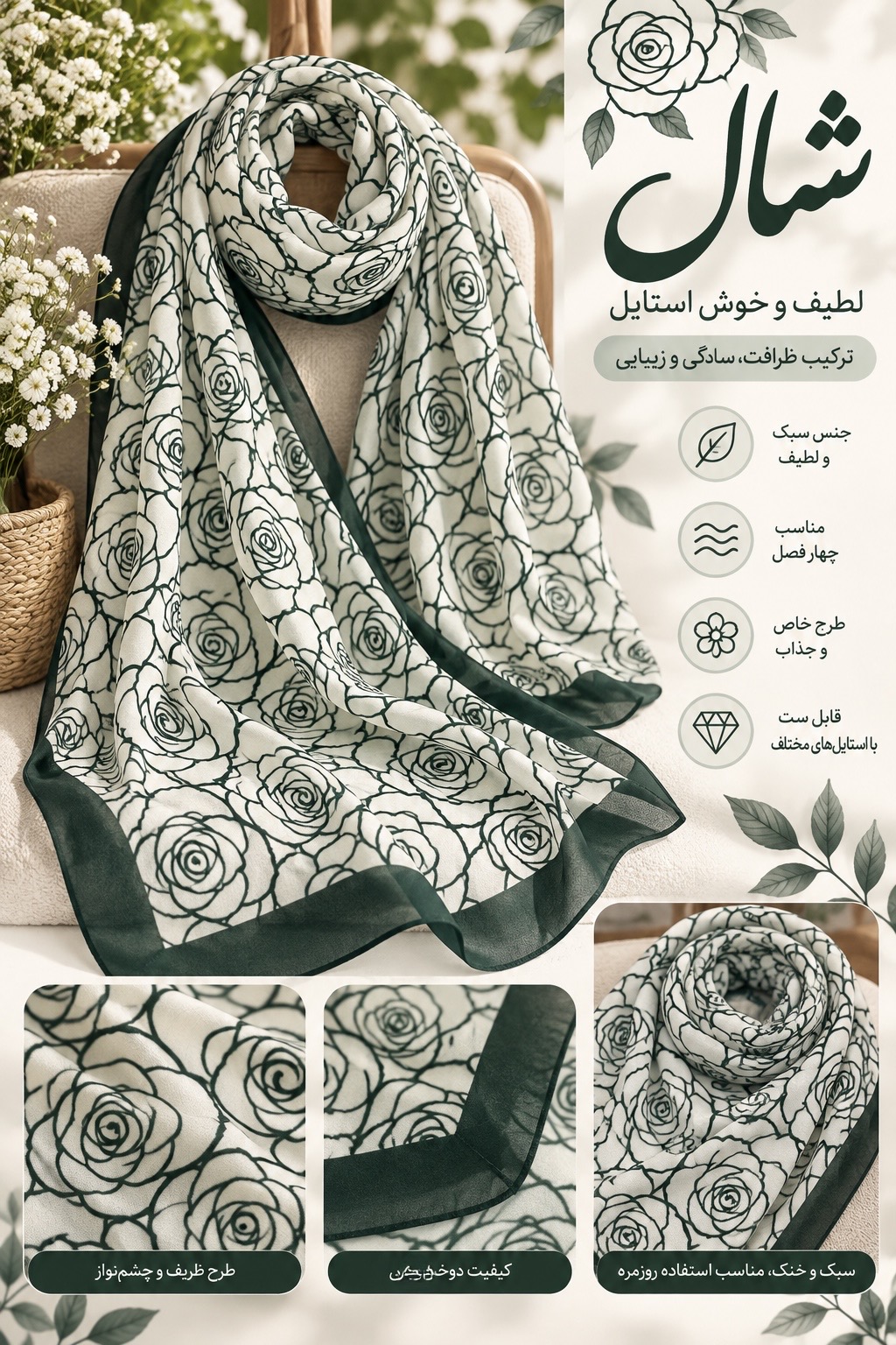 شال زمینه سفید نقش پروانه