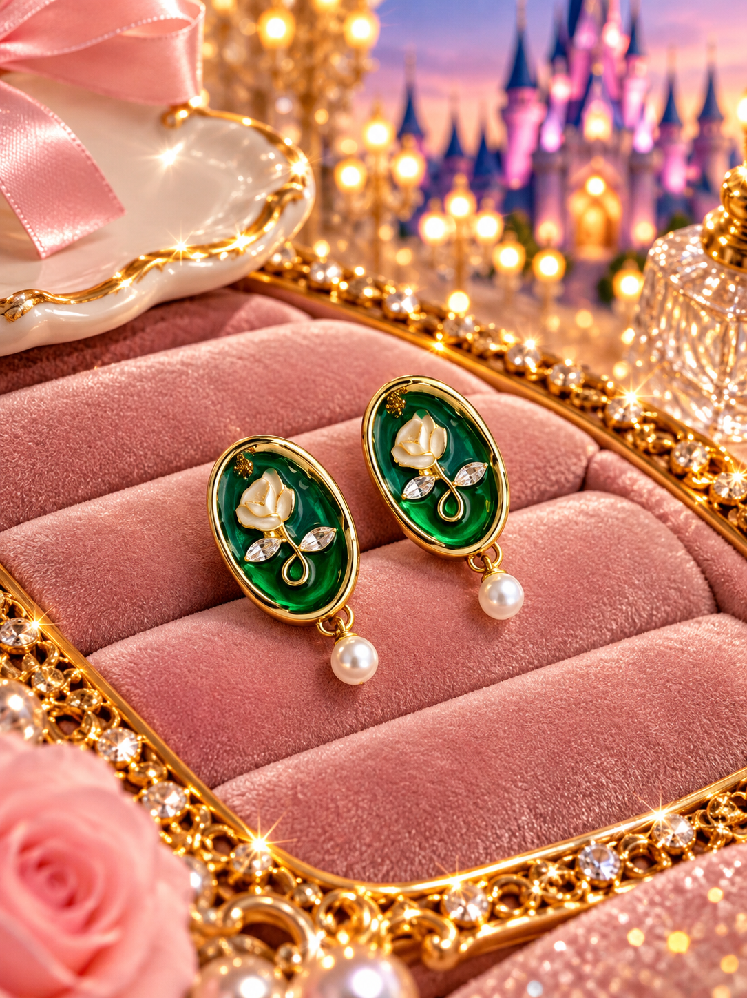 گوشواره گل میناکاری قاب گل رز سفید