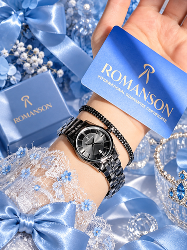 ساعت زنانه صفحه دودی با بند استیل مشکی برند ROMANSON موتورژاپنی با کارت ضمانت ۱۲ماهه تصویر دوم